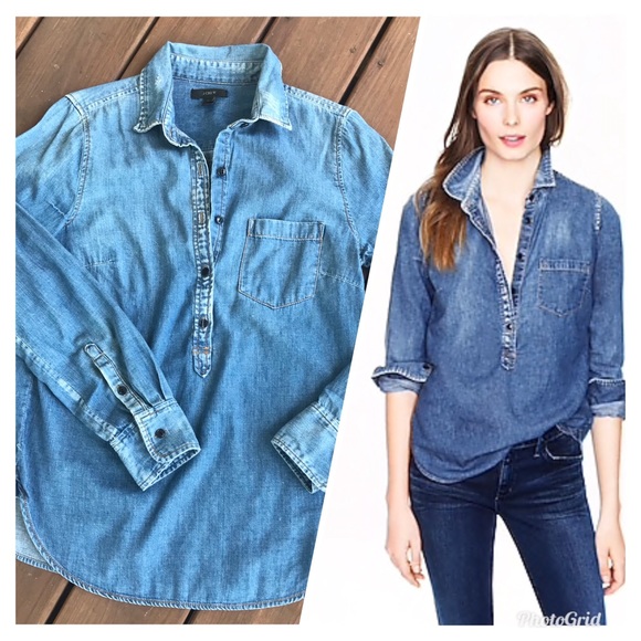 J Crew Classic Chambray Popover Shirt 